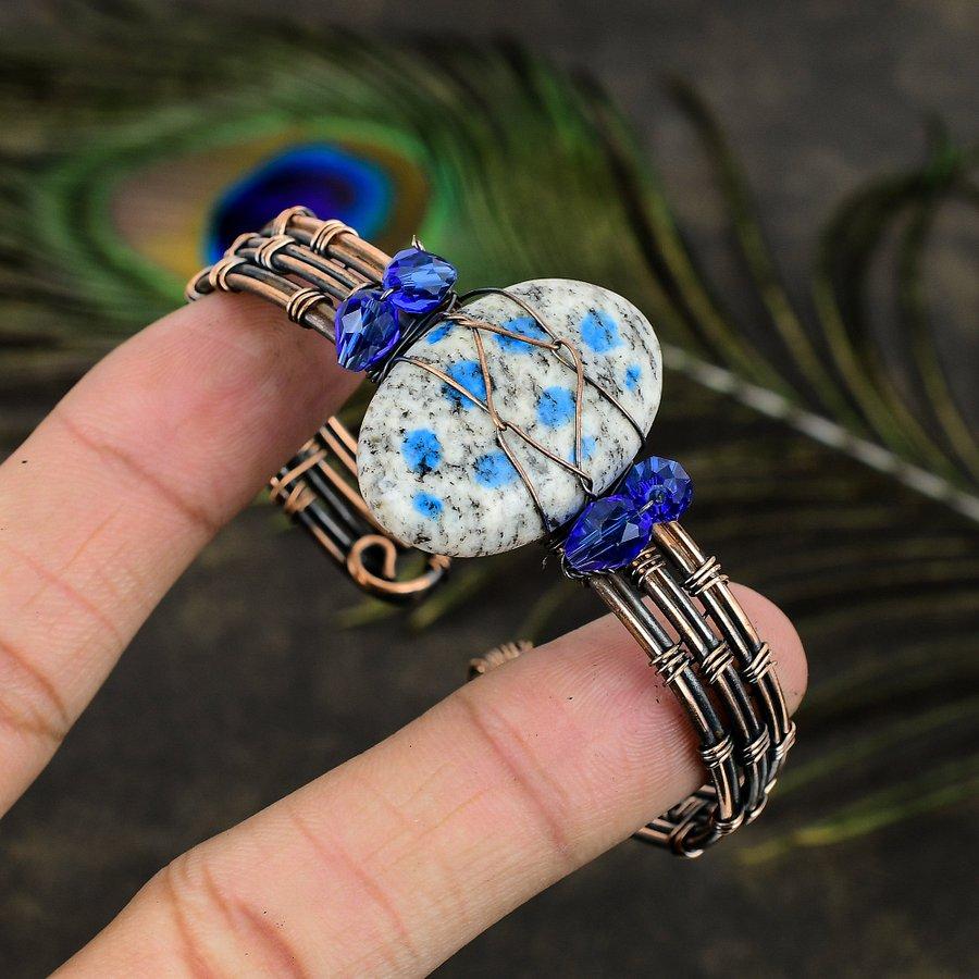 Natural K2 Azurite Gemstone Handmade Copper Wire Wrap Cuff Bangle Adj. M5r25
