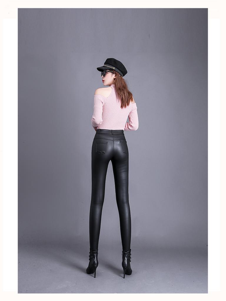 Matte Leather Pants Women Winter Fleece High Waist Leggings for Outerwear Small Feet Bottoms Women