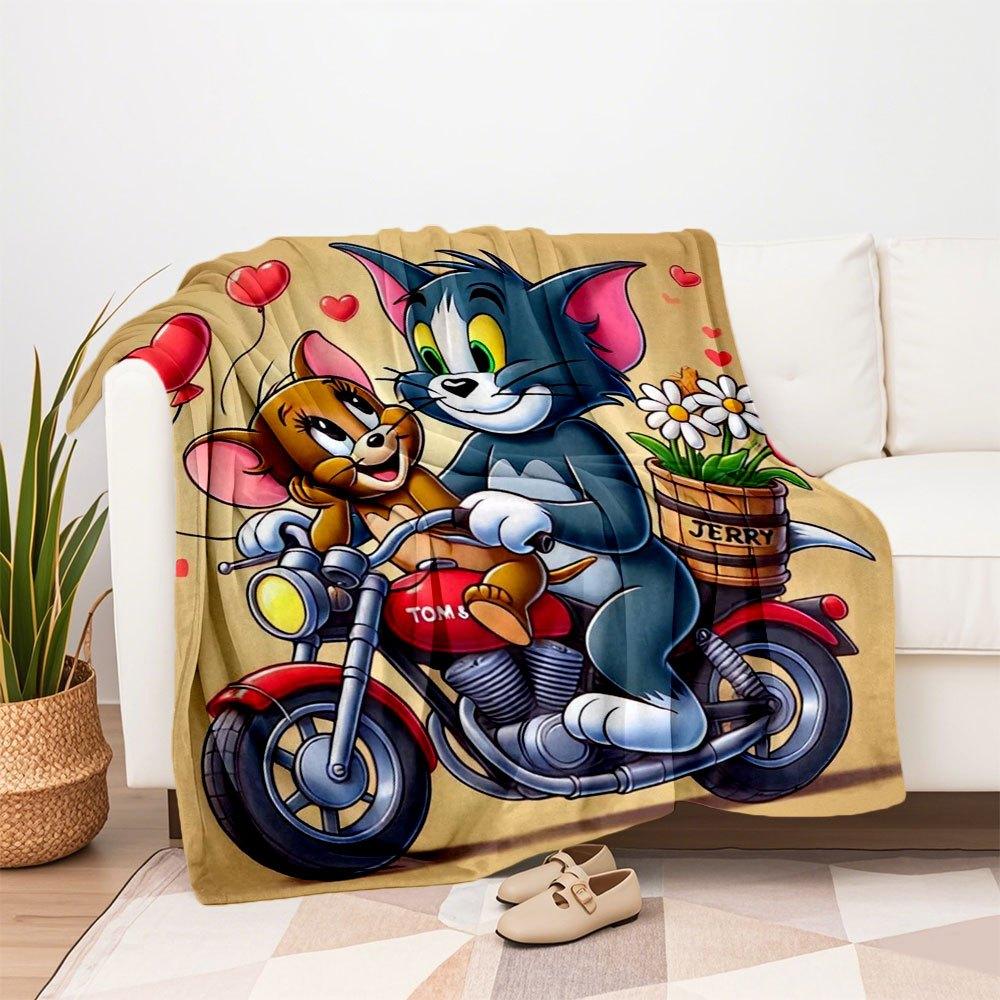 "Tom & Jerry Love Ride Motorcycle Wall Art Print"Blanket Flannel Throw Blanket for Sofa, Bed, Travel, Camping, Office