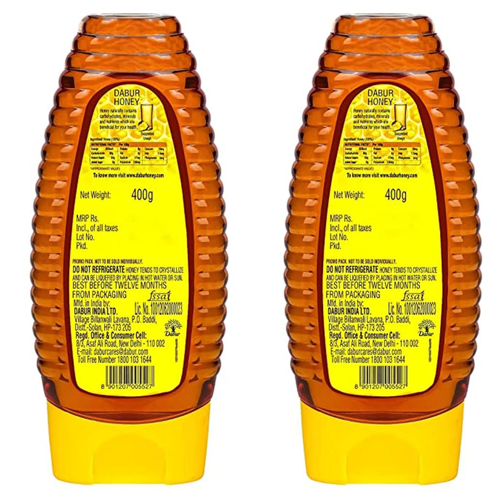 Dabur 2 X Honey Squeezy 400gm – 100% Pure Natural Honey, Immunity Booster, Fitness & Health, Antioxidant-Rich