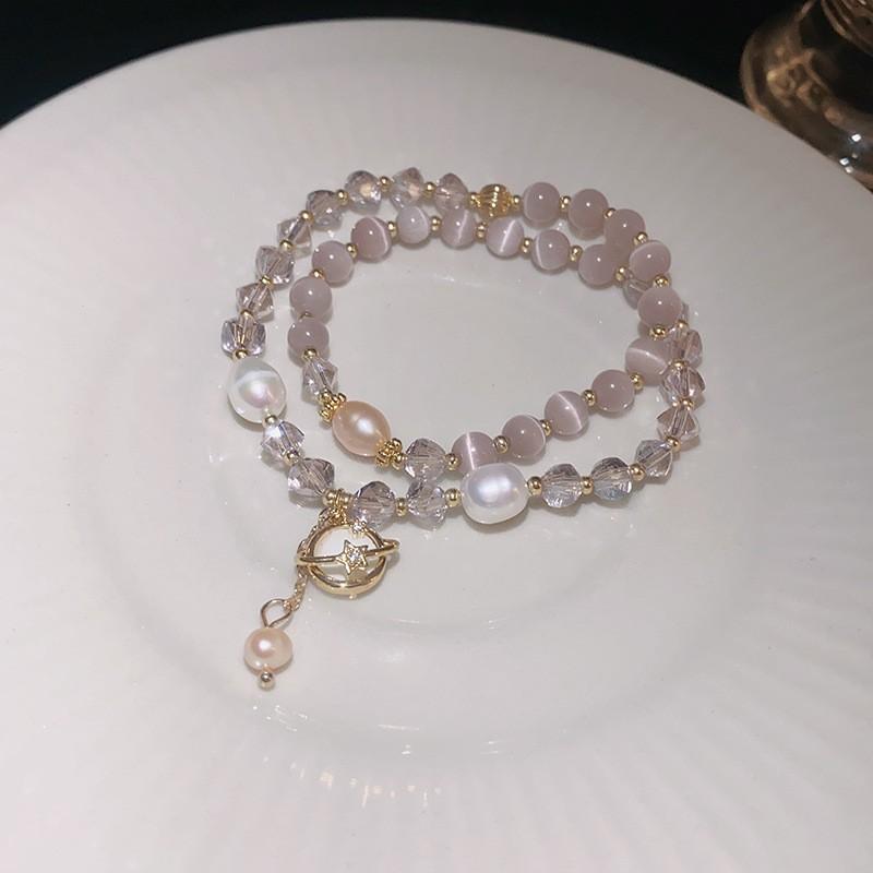 Handmade Cats Eye Stone Double Layer Bracelet With Pearl Accents Geometric Design Vintage Chic Womens Jewelry