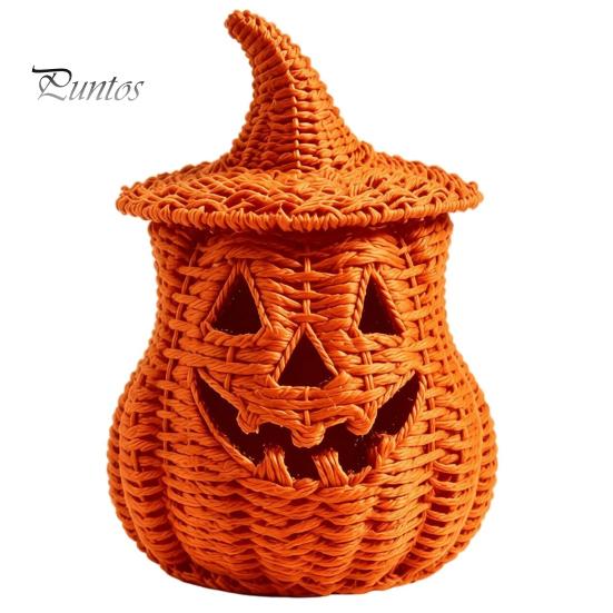 Rustic Fall Aesthetic Halloween Pumpkin Lantern Tabletop Decor, Woven Witch Hat Candy Bowl & LED Decorative Storage Container Prop, Gothic Centerpiece