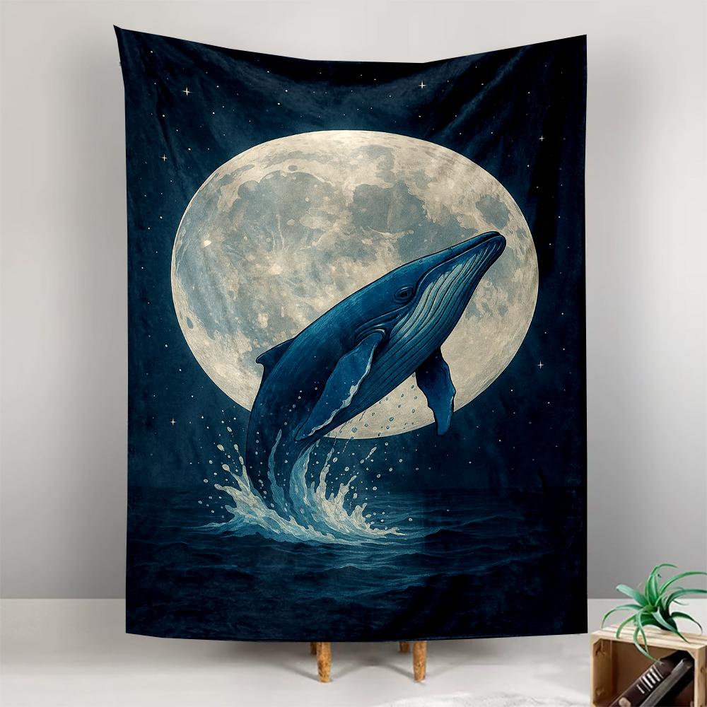 Whale Jumping Under Full Moon Night Scene Patterned tapestry for bedroom and living room home decor