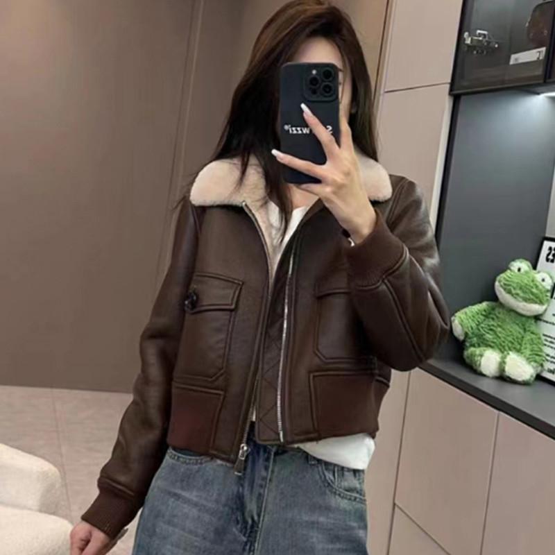 Women's Short, Fleece-Lined, Warm Fall/Winter Jacket with Stand-Up Collar for Petite Women, PU Leather Jacket