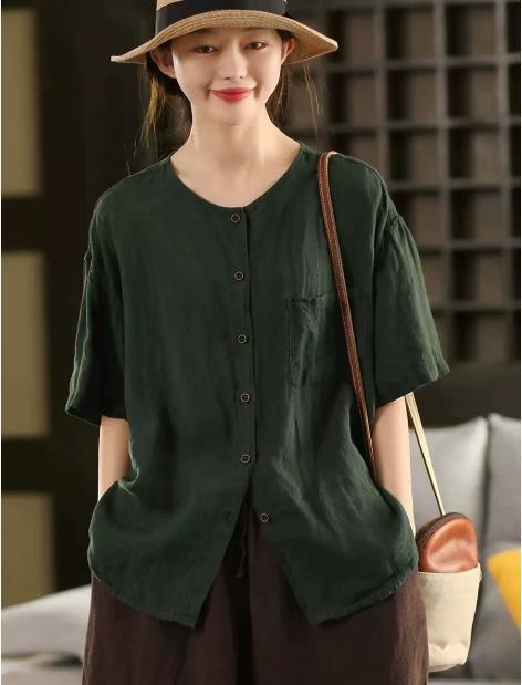 Johnature Women Vintage Solid Color Shirts O-Neck Half Sleeve Patchwork Pockets Summer Loose Casual Button Shirts