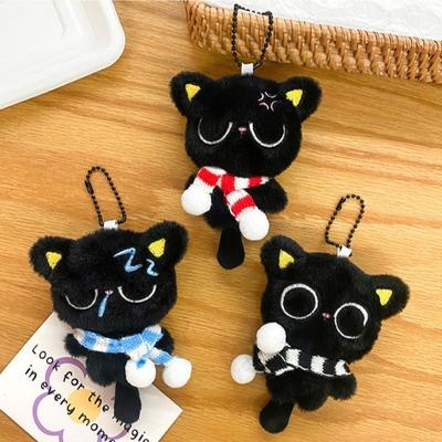 Stripe Scarf Black Cat Plush Keychain Soft Car Key Ring New Bag Charms  School Bag Decoration