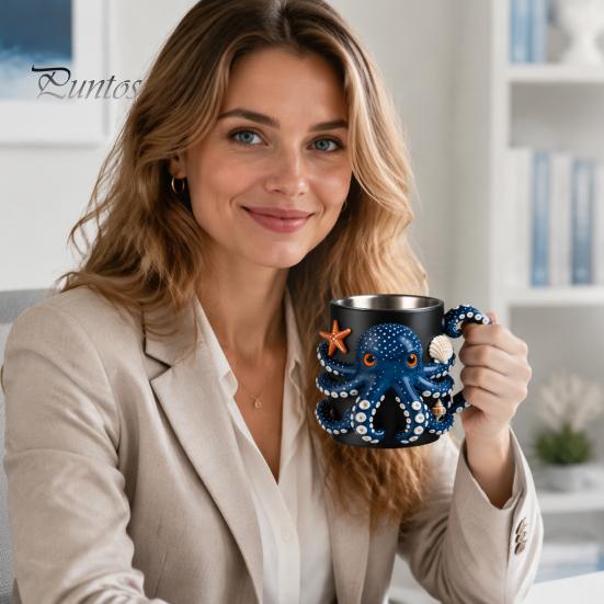 Heat Insulated Drinking Vessel Octopus Mug with Handle, Deep Sea Relief Design Resin Stainless Steel Ocean Theme Drinkware Coffee Cup, Cup for Office