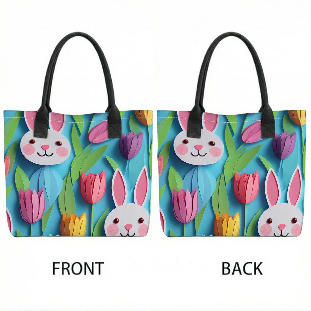  Cute Bunny Floral Tote Bag for Daily Shopping Travel Women Casual Printed Canvas Handbag