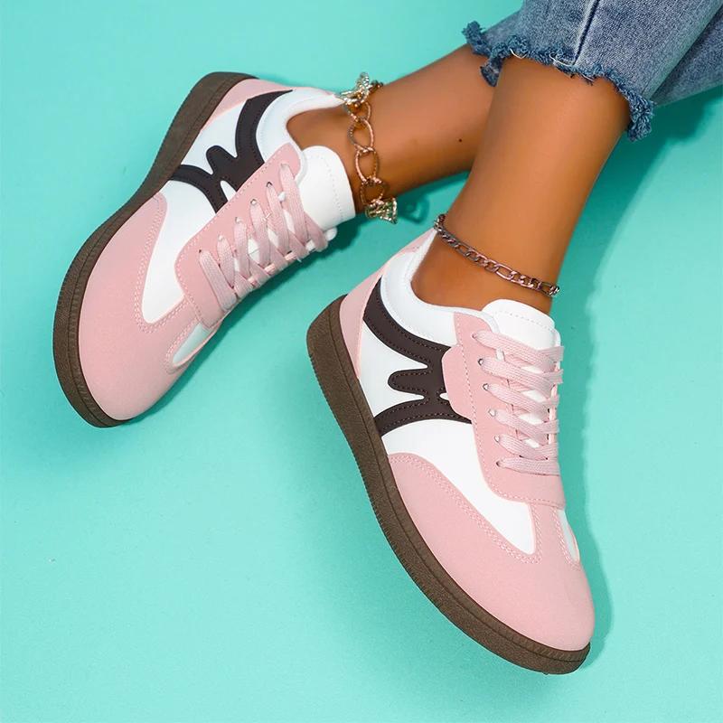 Fashion Spring New Patchwork Women Flats Shoes Outdoor Light Comfort Lace-Up Vulcanized Shoes Faux Leather Anti Slip Tennis Sneakers