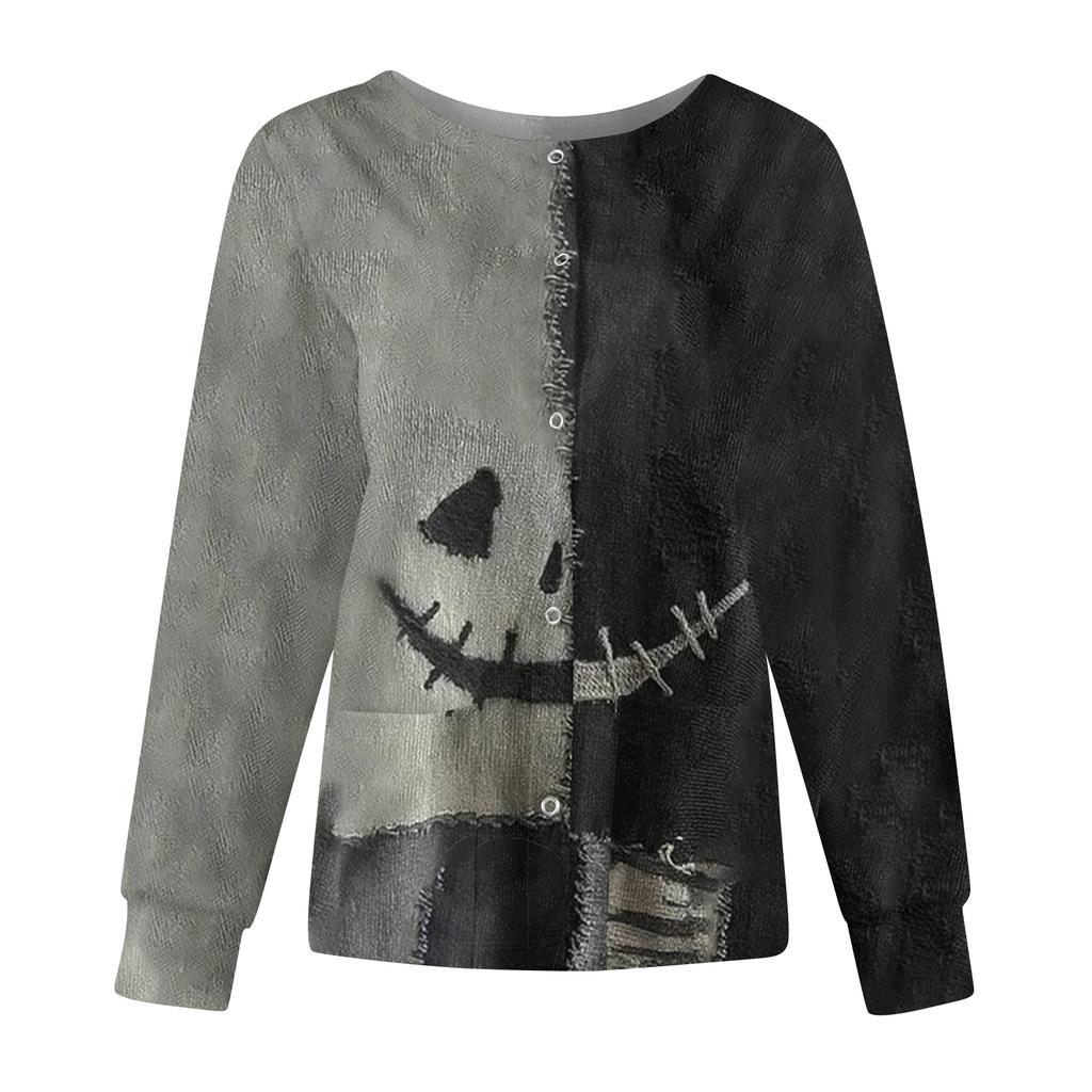Women's Casual Fashion Long Sleeve Standing Collar Single Breasted Halloween Print Workwear Jacket Tops