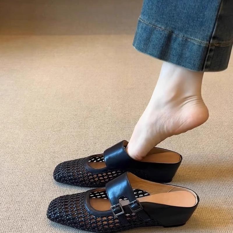 Women Women Summer Square Toe Double Buckle Wedge Heel Slip On Retro Breathable Outdoor Slides