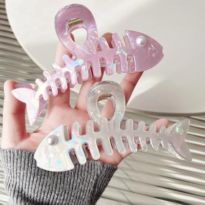 Glossy Fish Bone Shape Hair Clips Plastic Fish Bone with Pearl Decor Hair Clips for Holiday Birthday Gift