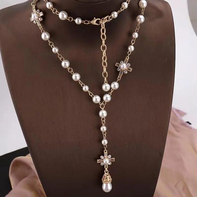 Vintage daami kameelia pärlid lilledega pikk kaelakeekett Elegantne kahekihiline moeehted naistele peokaelused de moda