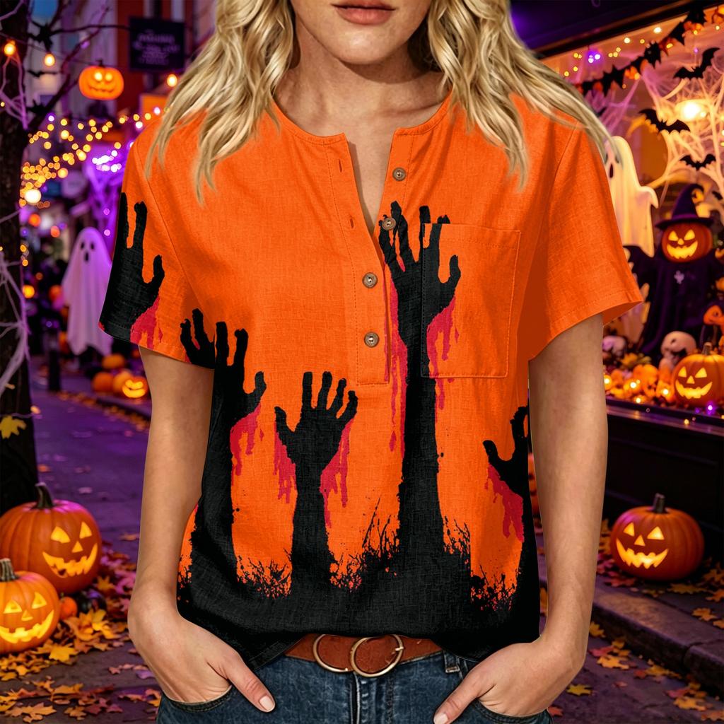Women's Halloween Print Henley Neck Short Sleeve Linen Blend Shirt with Chest Pocket Casual Button Down Top for Fall Seasonal Wear