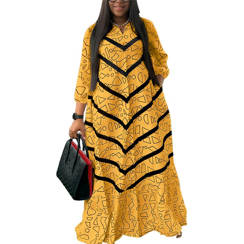 Oversized Women Casual Round Neck 3/4 Sleeve Striped Print Loose Maxi Ruffled Dress