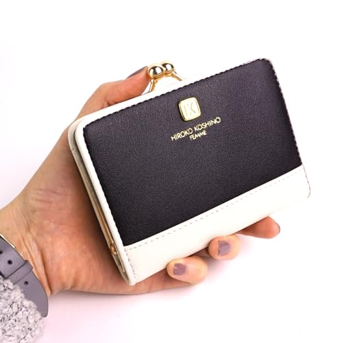 [Hiroko Koshino Femme] Women's Bi-fold Wallet, Clasp Closure, Two-tone, Large Capacity, Popular Brand (Black)