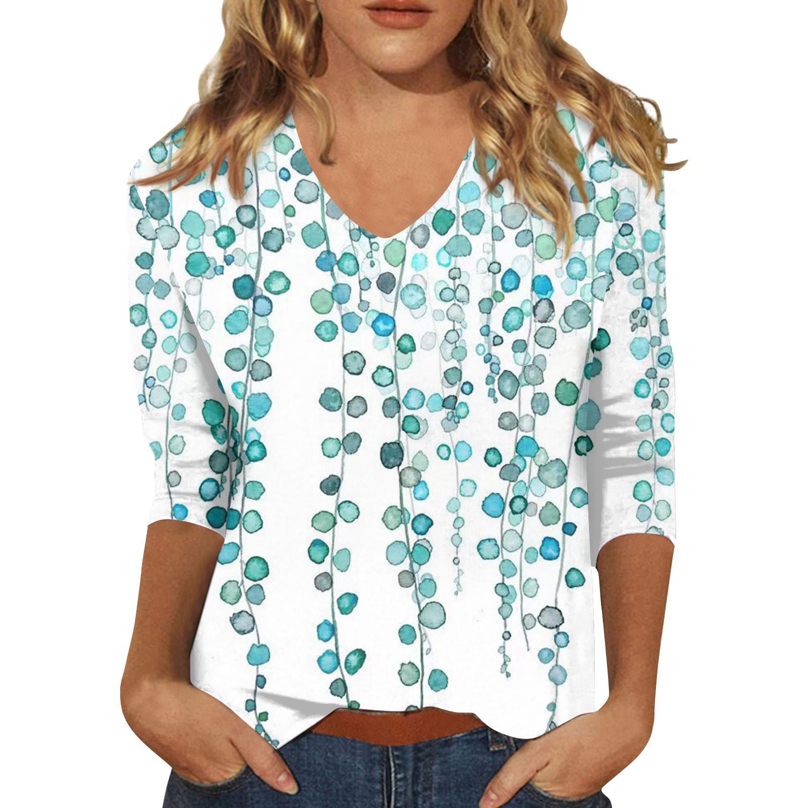 

Женская мода на каждый день Все повседневные футболки с V-образным вырезом и рукавами-семью точками с принтом Топы для женщин Женские топы и блузки 6XL