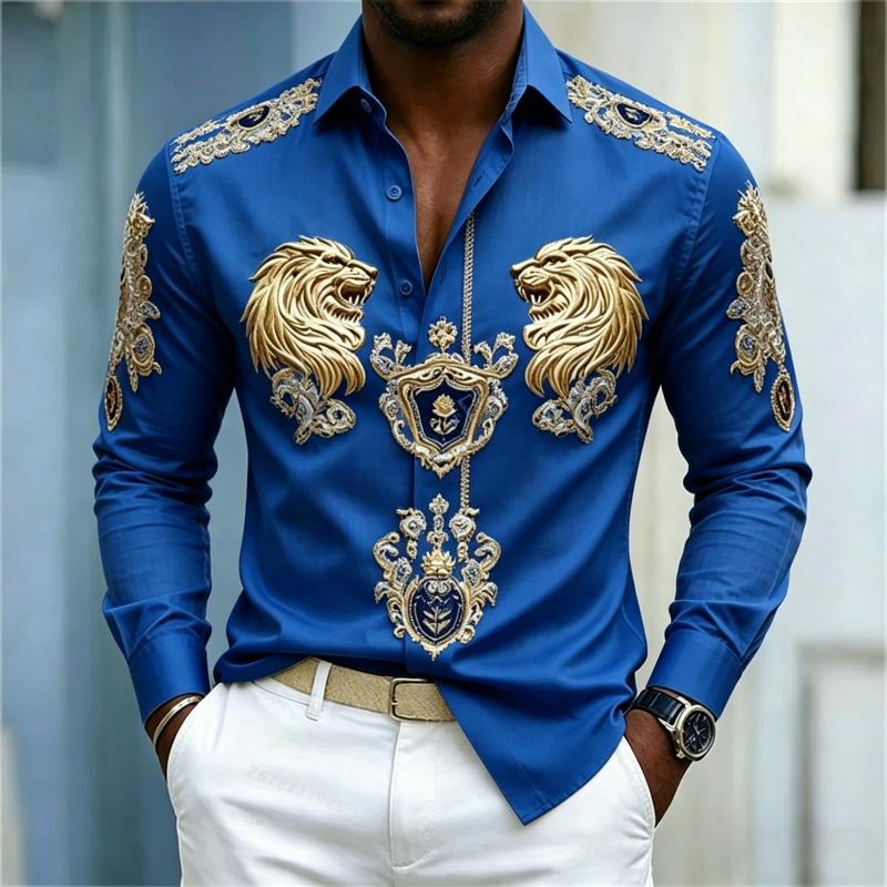 Camicia da uomo stile Barocco testa di leone design slim fit manica lunga camicia Business casual stile street abbigliamento uomo XS-6XL
