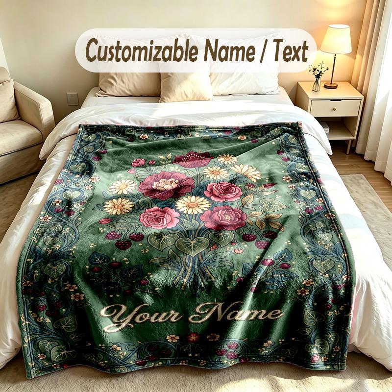 Floral Garden Theme Soft Blanket Personalized Custom Name Text Print Warm Blanket Home Sofa Bedroom Decor
