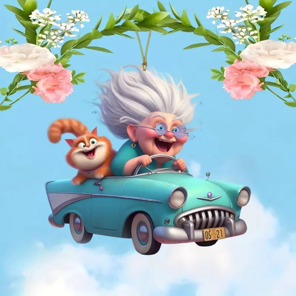 New 2D Flat Acrylic Flat Cartoon Grandma Pendant, Keychain Decoration Car Pendant