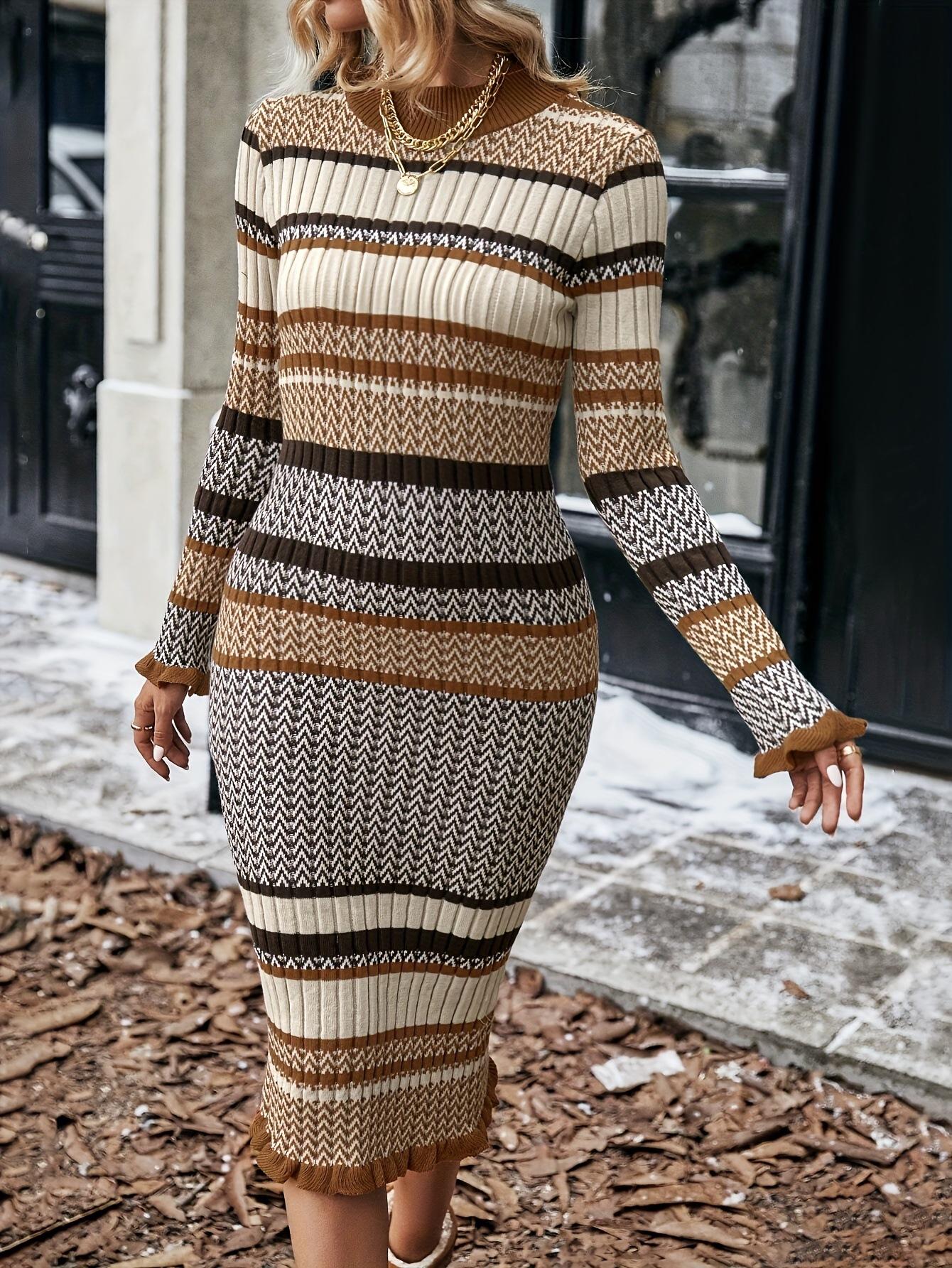 Women s Round Neck Long Sleeve Striped Midi Dress Slim Fit Elegant Ruffle Hem Knit Sweater Dress M