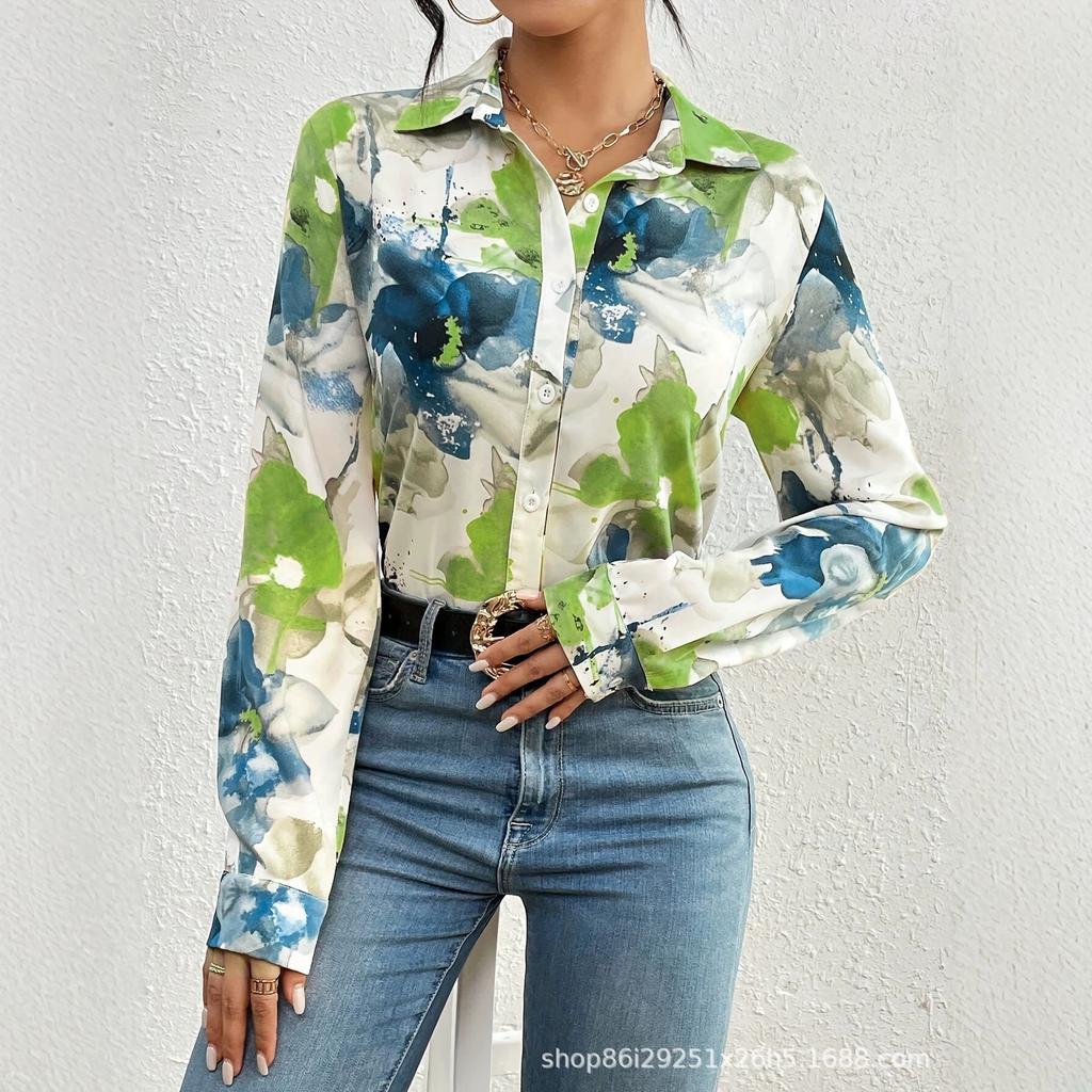 Watercolor Floral Print Long Sleeve Shirt Top Women Summer French Chic Satin-Feel Blouse Loose Fit Resort Wear