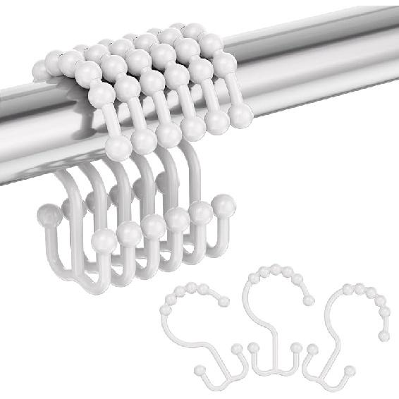 Amazer Plastic Shower Curtain Hooks, Double Shower Curtain Rings, Shower Rings for Shower Curtain, White Shower Hooks for Curtain Liner Bathroom - 12