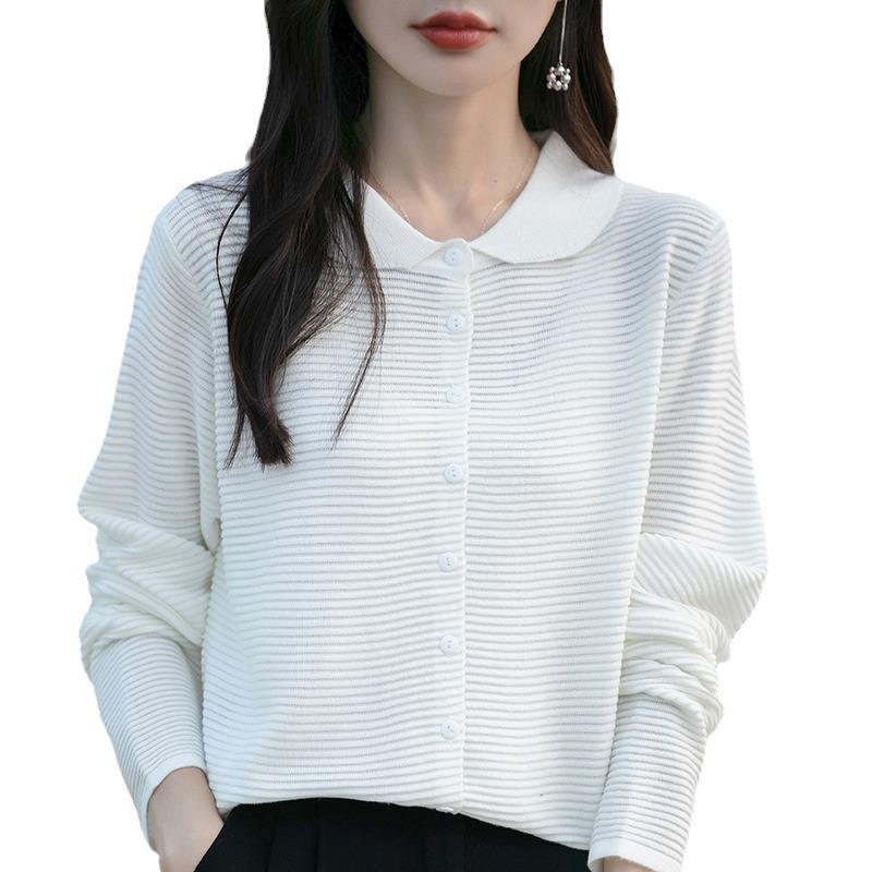 Autumn Women's Cardigan Doll Collar Knit Long Sleeve Loose Solid Colour Sweater Top