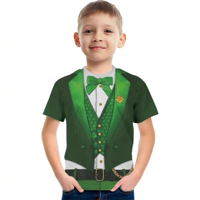 Summer Round Neck 3D False Two-piece Printed Top Role Playing Costume Fashionable Casual Short Sleeved Children's Boy T-shirts