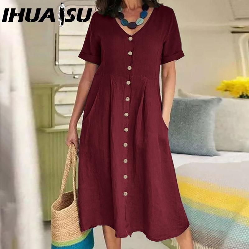 IHUASU Women Summer Casual Cotton V-Neck Short Sleeve Button Dress