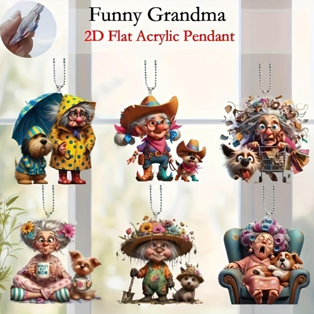 6PCS Acrylic Granny Pendants,Christmas Tree and Pendant Home Window Decor Holiday Souvenirs,  Christmas Tree Pendants Perfect for Car Mirror Pendants