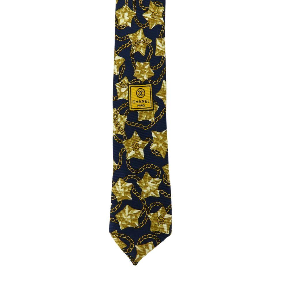 Used CHANEL tie COCO Mark Star Chain silk Navy gold suit