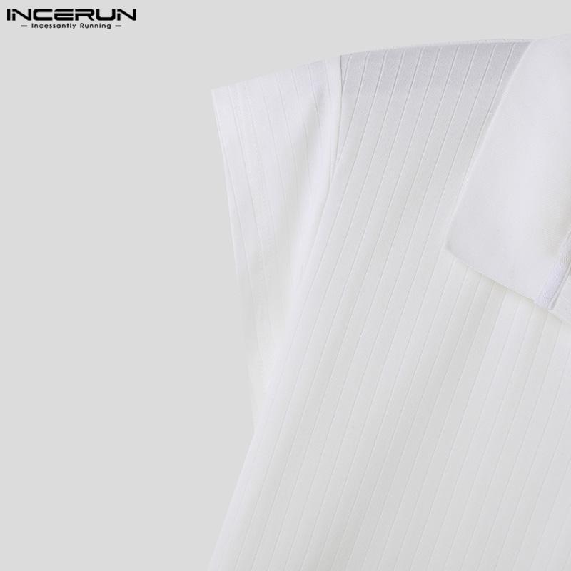 INCERUN Men Stand Collar V Neck Short Sleeve T-Shirts Pinstripe Summer Tee Tops