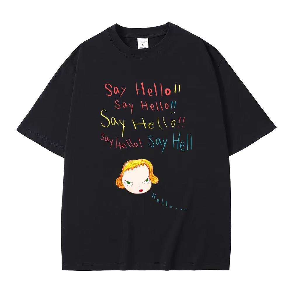 Yoshitomo Nara Sag Hallo Lustige Meme T-Shirts Sommer Unisex Unisex Lässiges Übergroßes T-Shirt Unisex Y2k Kunst Ästhetische T-Shirts