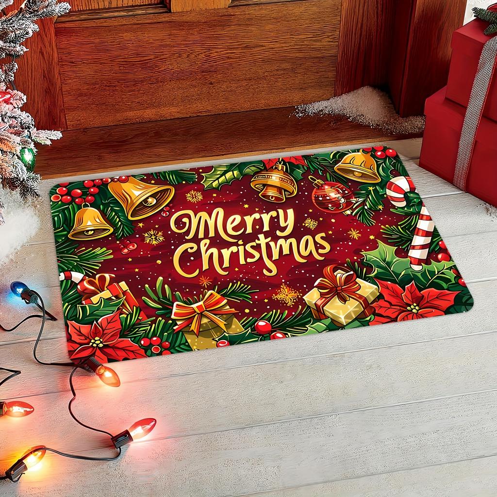 Christmas Bells Flowers Extra Large Doormat, Thick Flannel Non-Slip Rug for Indoor Outdoor Farmhouse Home Decor