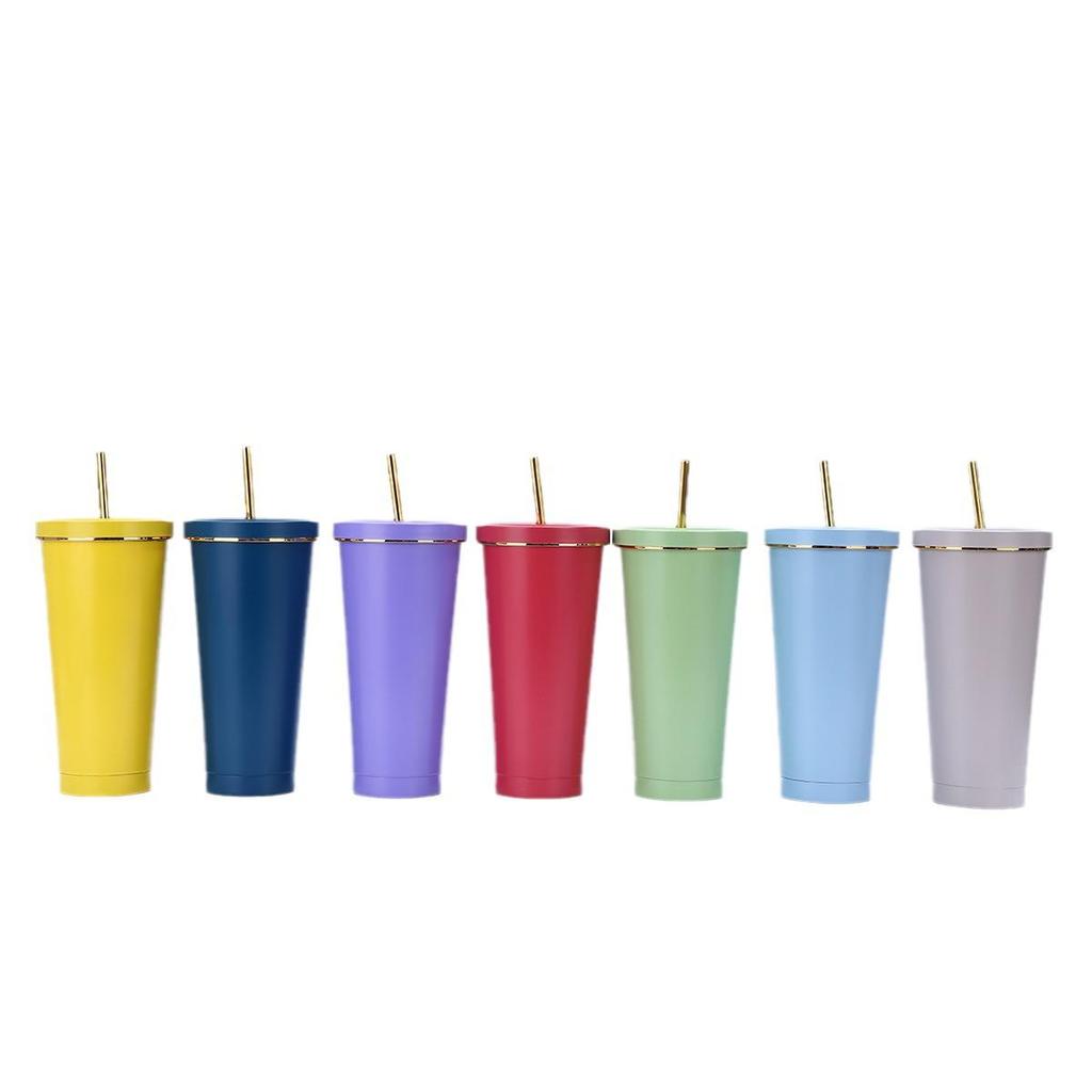 In Stock 304 Stainless Steel Straw Cup with Gold Rim - Portable Outdoor Thermos for Car Use