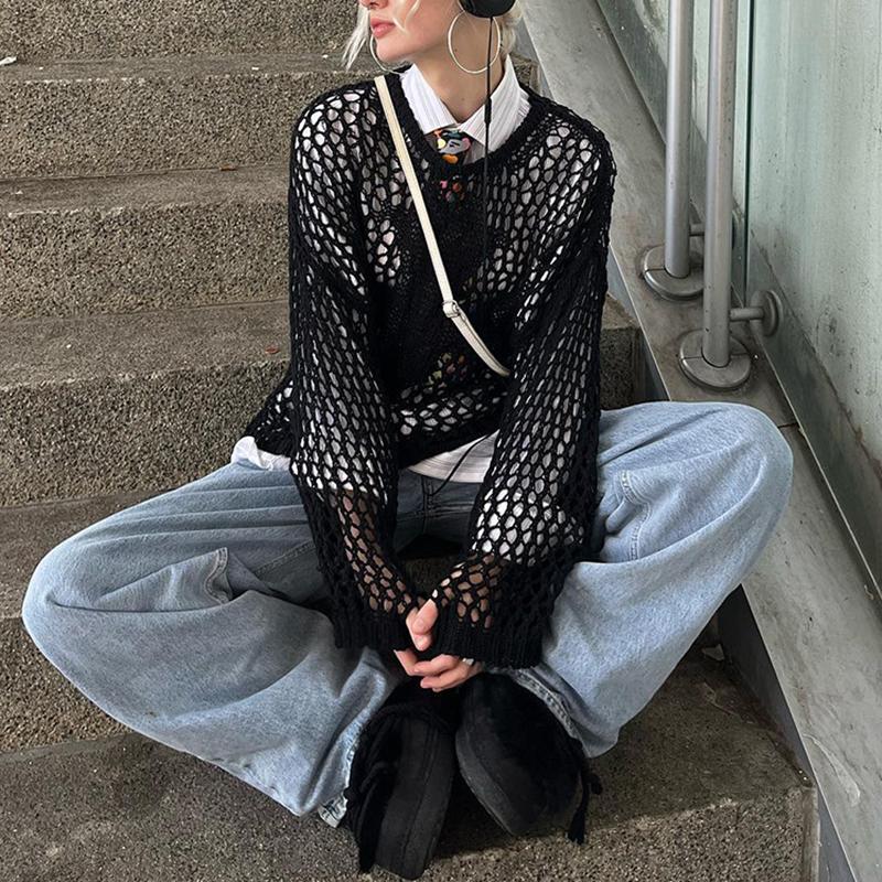 

Вязаные пуловеры в готическом стиле Dourbesty, винтажный свитер в стиле Харадзюку в темном академическом стиле, топы Y2K, прозрачное оверсайз-прикрытие Y2k S