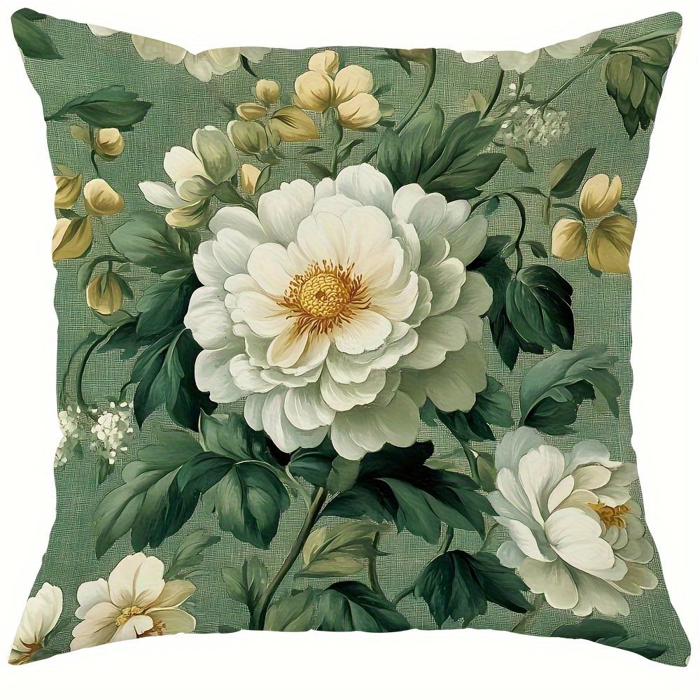 Green Floral Peony Pattern Throw Pillow Cover with Short Plush Print for Living Room Sofa Decoration Cushion Cover Pillow Covers