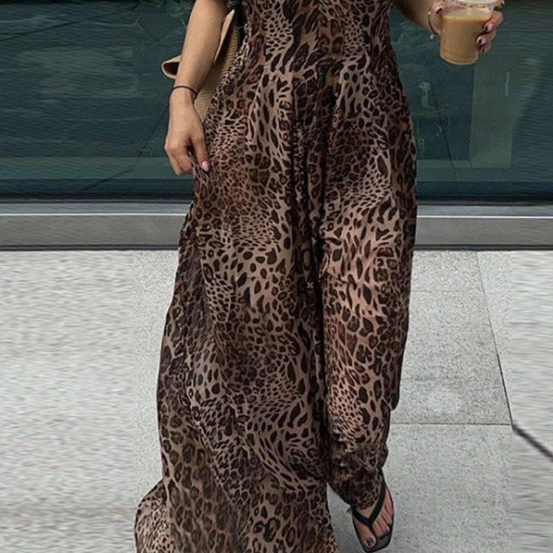 European Style Sexy Leopard Backless v Summer Spaghetti Strap Maxi Dress XXL