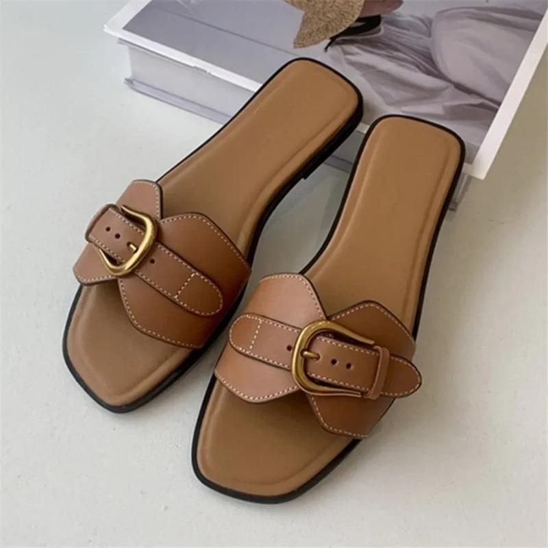 Flat Shoes Women's Summer New Square Toe Open Toe Metal Belt Buckle Soft Sole Non-Slip Low Heel Shoes