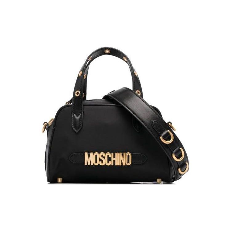 Moschino Gold Logo Plaque Gold Stud Detail Cotton Tote Bag Shopping Bag Shoulder Crossbody Handbag Women tote bags Black 74318202B-1555 Basic Set (Bag+Dust Bag)