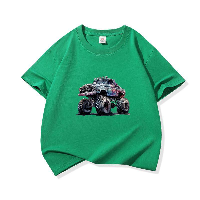 Kids Cotton T Shirt Cool Cartoon Offroad Vehicle Print Crew Neck Short Sleeve Tee Casual Boys Girls Summer Tops