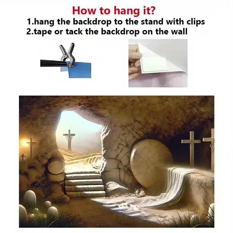 2D Christian Resurrection Backdrop, Empty Tomb with Cross Photography Background