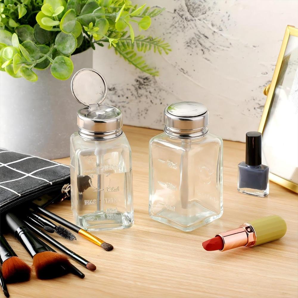 2pcs 80 Ml Clear Pump Dispenser Bottle with Metal Flip Cover Glass Nail Polish Remover Push Down Dispenser Bottle Refillable Push Down