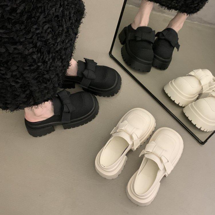 Baotou half slippers women's big head bow thick-soled muffin small man 7cmJK small leather shoes one foot cool shoes