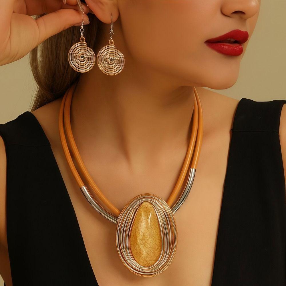 Water Drop Necklace Earrings Set Aluminum Wire Handmade Braided Jewelry Set Resin Gems Lightweight Earring Necklace Combo
