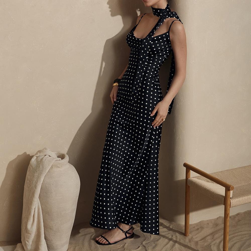 Suspender Long Dress European and American Summer New Neck Strap Fishtail Skirt Temperament Polka Dot Long Dress