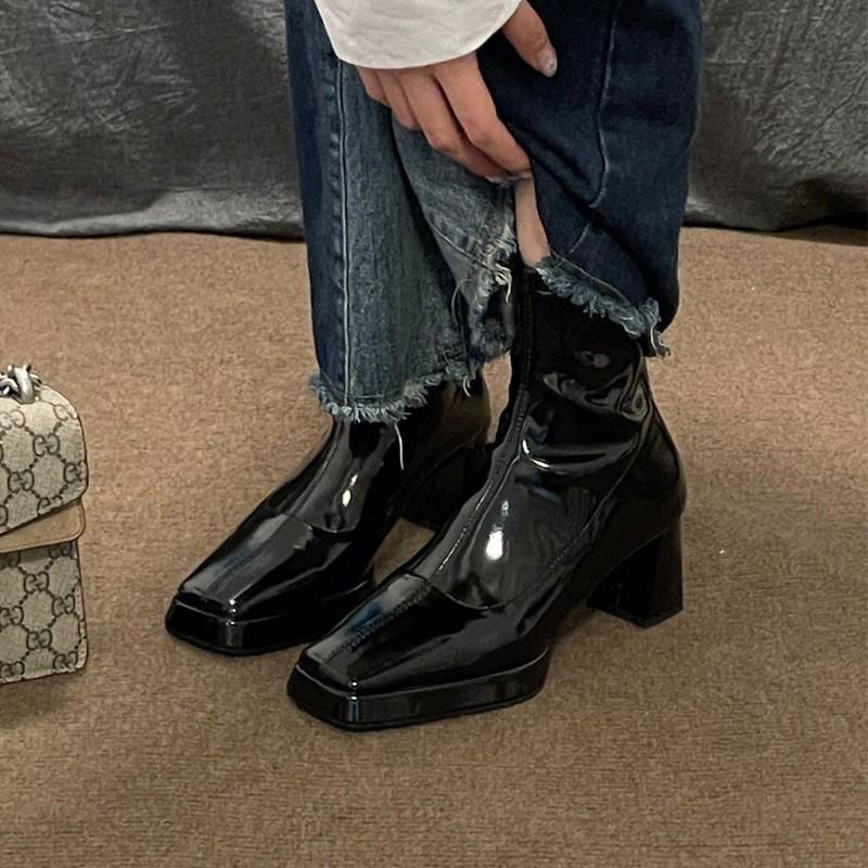 New autumn and winter high-heeled short boots fashionable versatile square-head patent leather Martin boots thick-heeled thin boots fashion boots