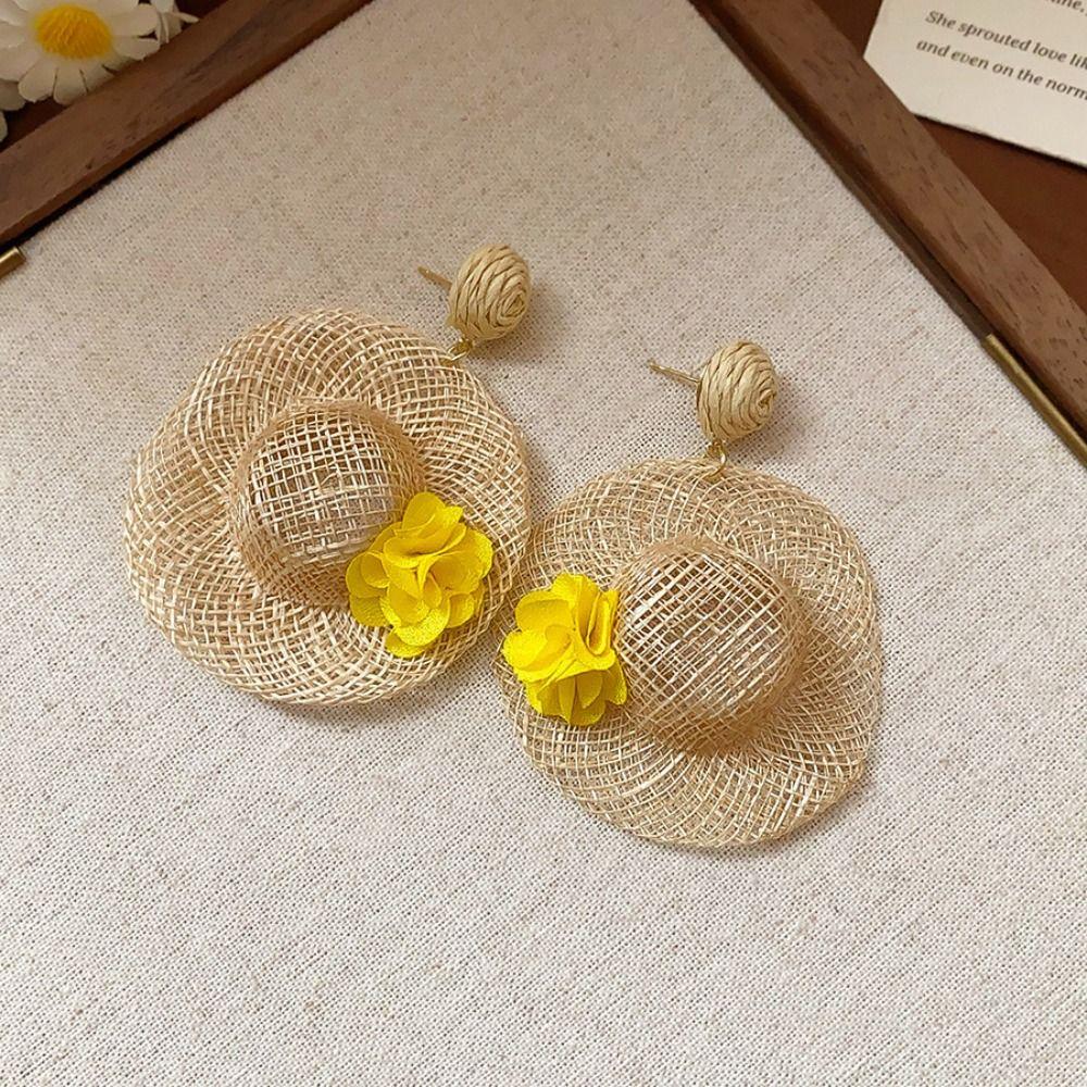 Flower Rattan Weave Earrings Vacation Style Bohemian Drop Earrings Straw Hat Earring  Wedding