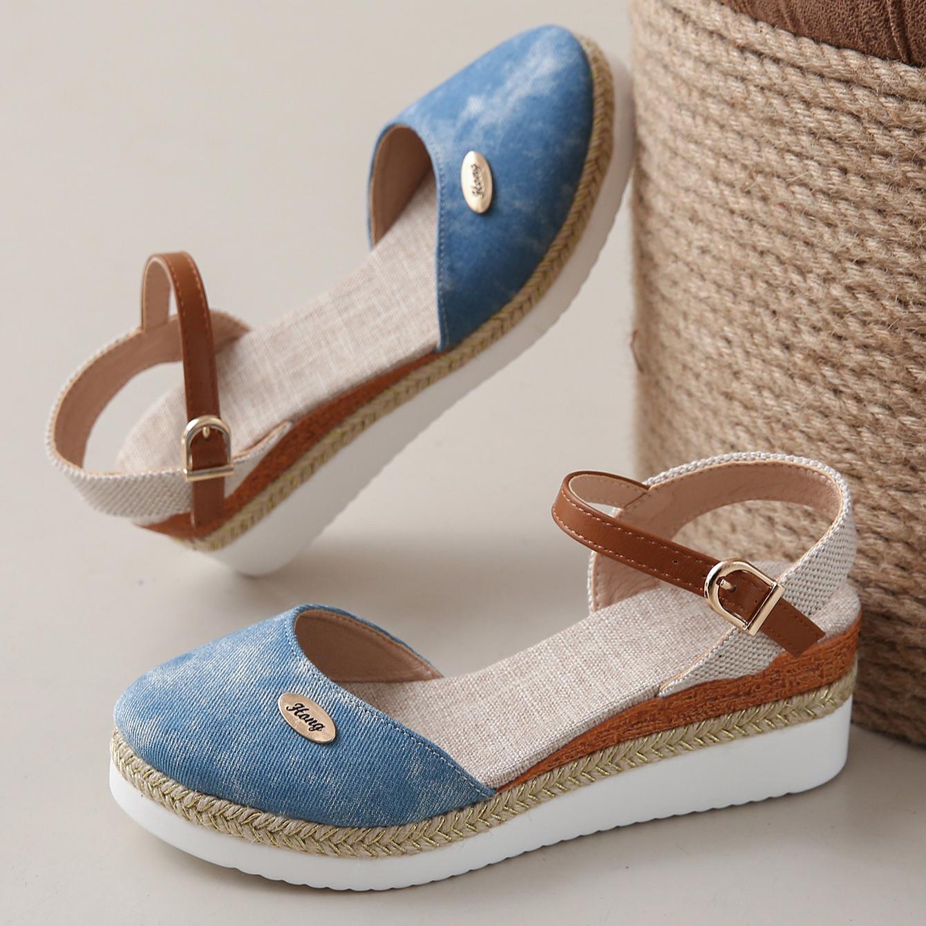 

НОВЫЕ женские босоножки на платформе с цветными блоками, удобные туфли с ремешком на щиколотке и пряжкой, универсальные туфли на танкетке с закрытым носком 40 синий